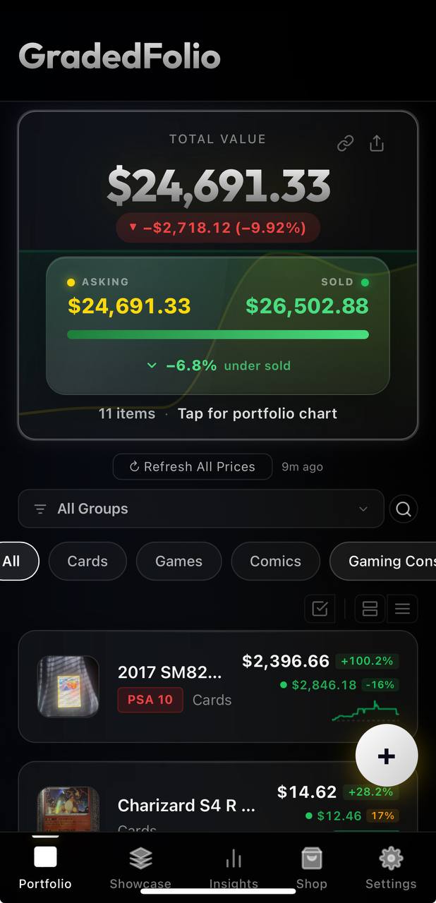 GradedFolio app on iPhone — portfolio with live total value, asking/sold split and graded items